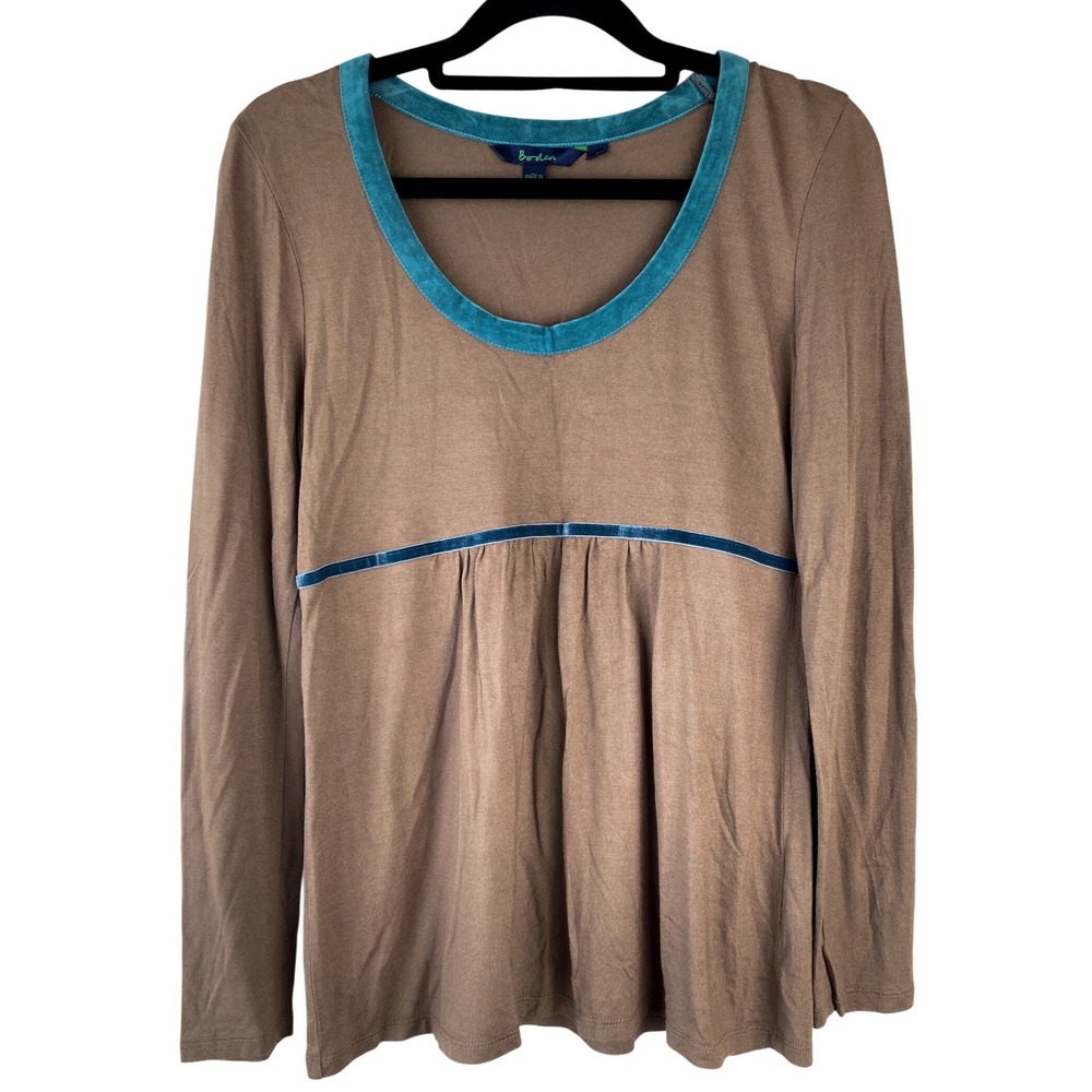 Boden Y2K Babydoll Top 12 Brown Blue Velvet Trim Empire Waist Long Sleeve